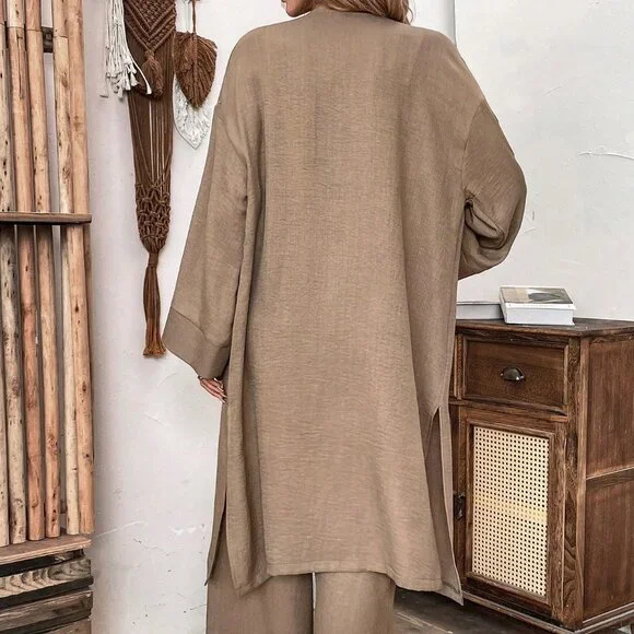 Khaki Casual Women's Loose Long Coat And Wide Leg Pants Set